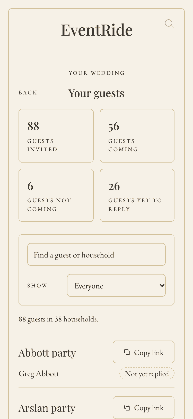 Your guests on a phone: guests invited, coming, not coming and yet to reply, then each invitation.