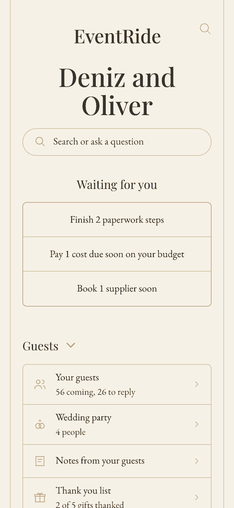The couple's view on a phone: the wedding's names, what is waiting for them, then a page for each part of the wedding.