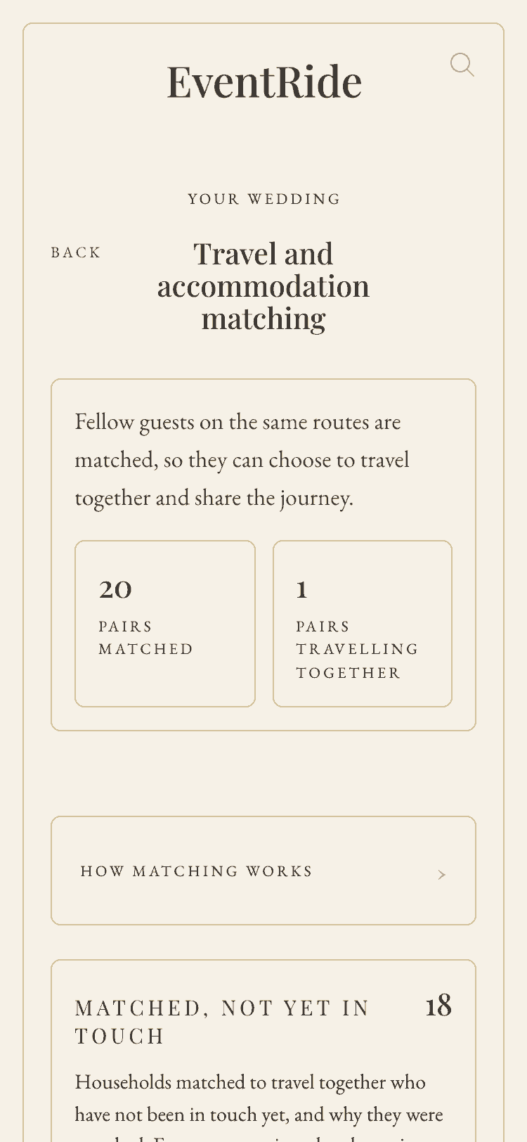 Travel and accommodation matching on a phone: pairs matched and pairs travelling together, counted.