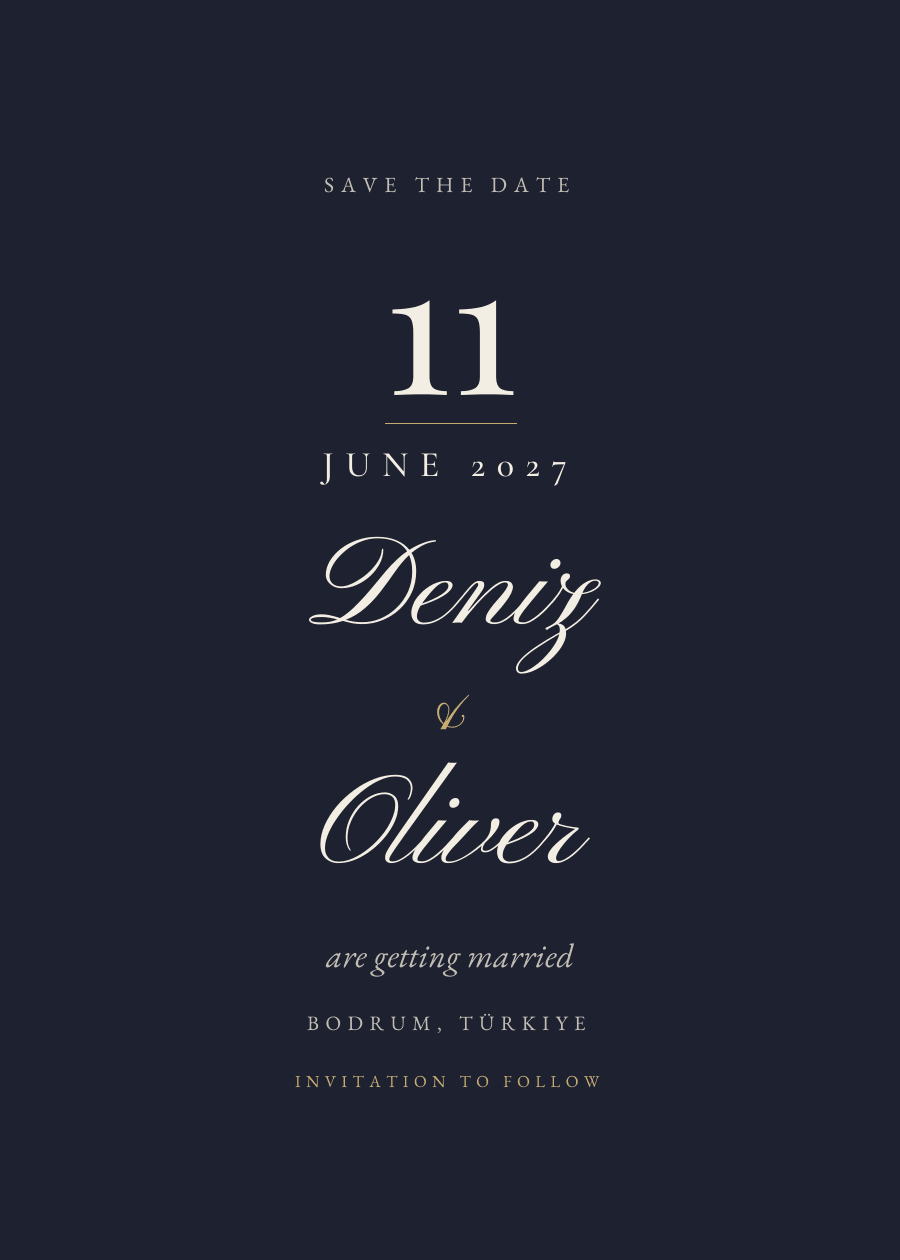 Grand date, a save the date in midnight: Deniz and Oliver, Friday 11 to Sunday 13 June 2027, Bodrum, T&uuml;rkiye.