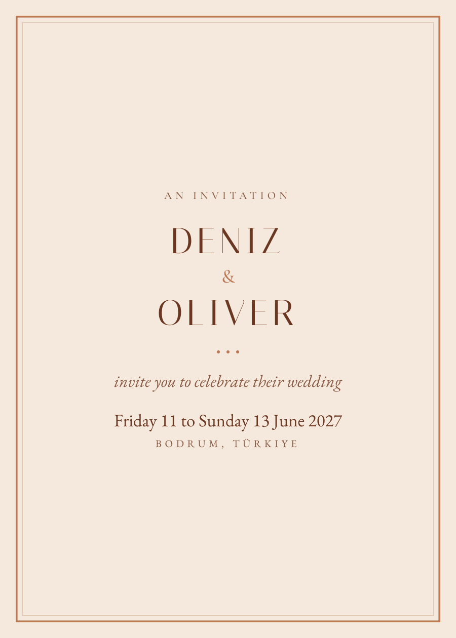 Letterpress, in terracotta: Deniz and Oliver, Friday 11 to Sunday 13 June 2027, Bodrum, T&uuml;rkiye.