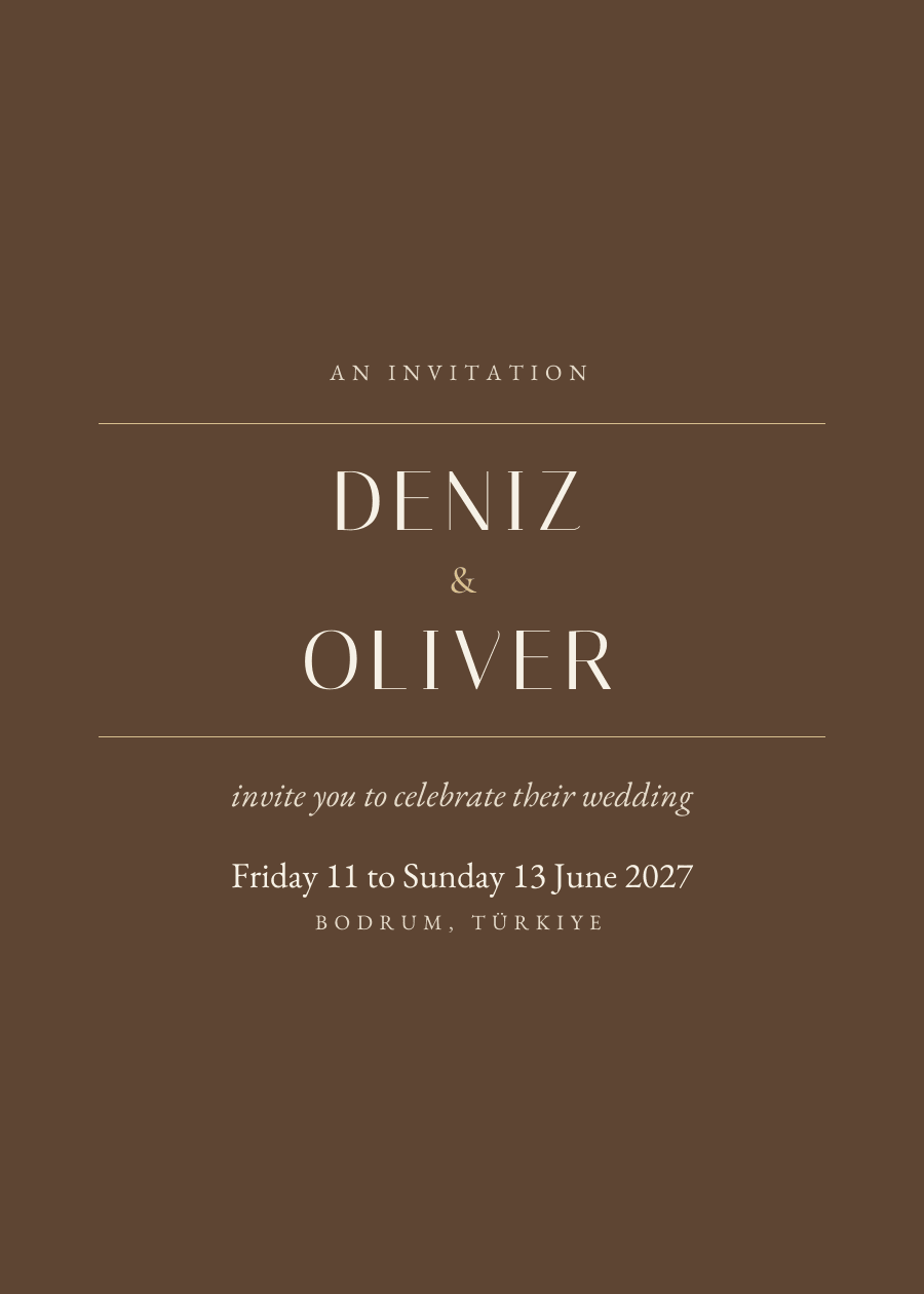 Marquee, in walnut: Deniz and Oliver, Friday 11 to Sunday 13 June 2027, Bodrum, T&uuml;rkiye.