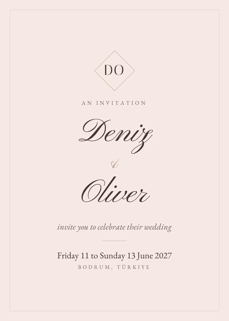 Diamond monogram, in blush: Deniz and Oliver, Friday 11 to Sunday 13 June 2027, Bodrum, T&uuml;rkiye.