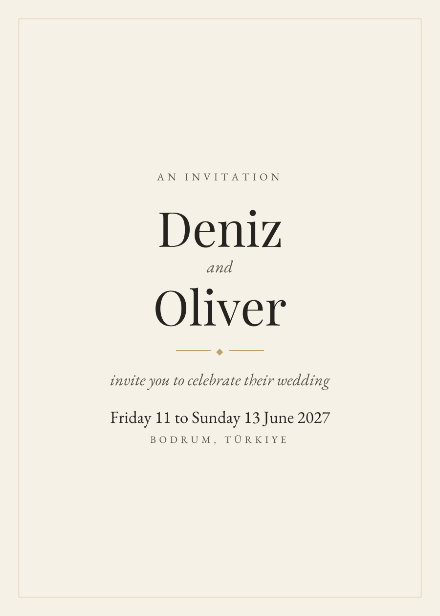 An invitation in the Classic layout, ivory and ink: Deniz and Oliver, Friday 11 to Sunday 13 June 2027, Bodrum, T&uuml;rkiye.