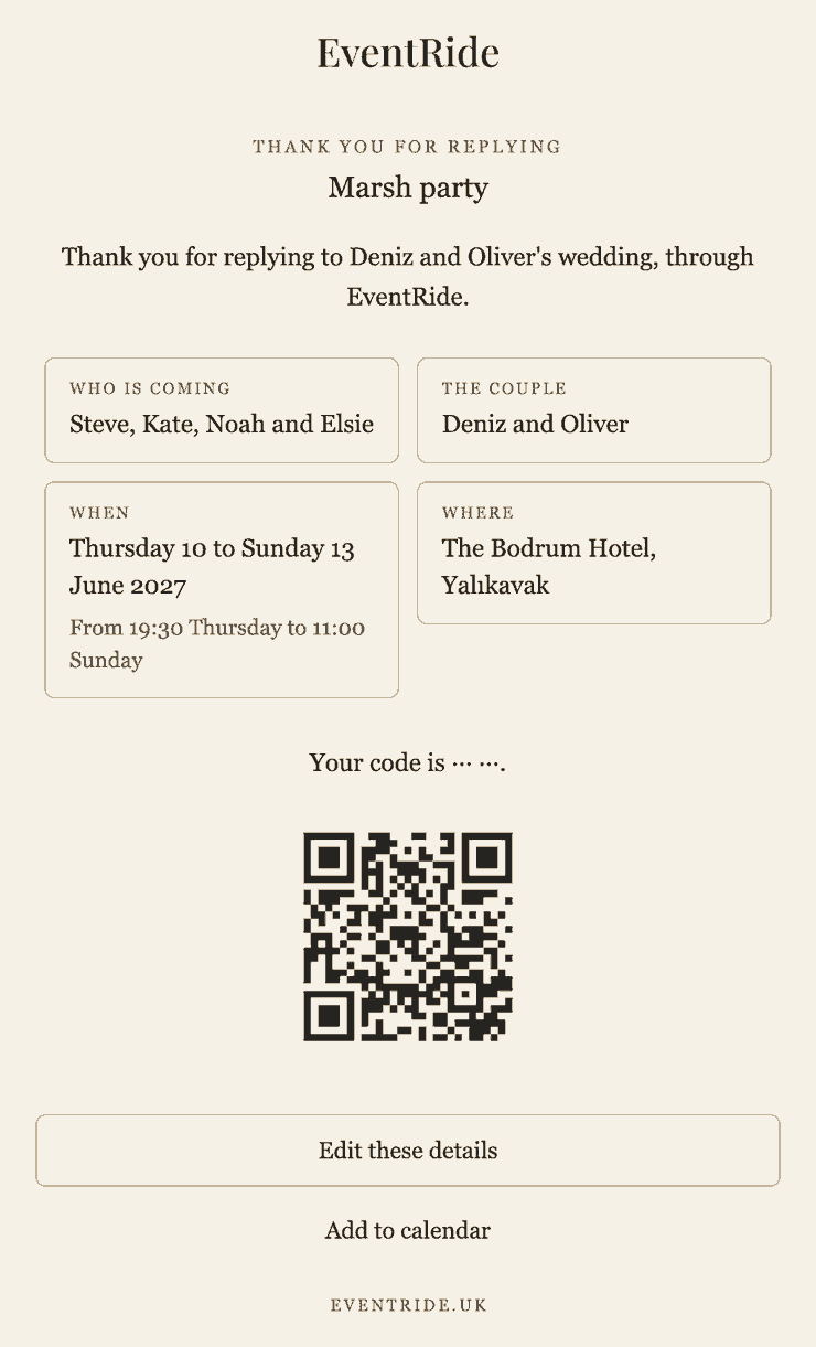 The reply confirmation email: who is coming, the couple, when and where, and the guest's code.