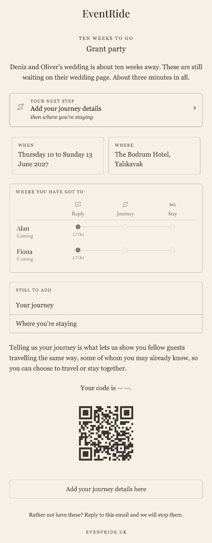 The ten-weeks reminder email: your next step, when and where, the tracker of where each person has got to, and what is still to add.