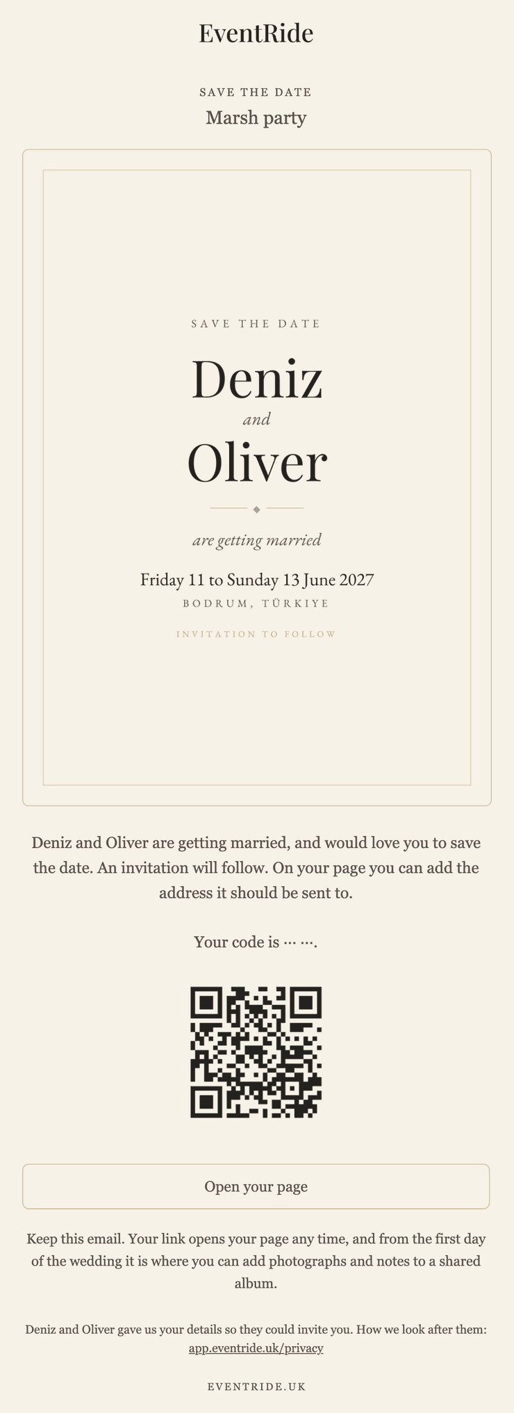 The save the date email with the designed card inside it.